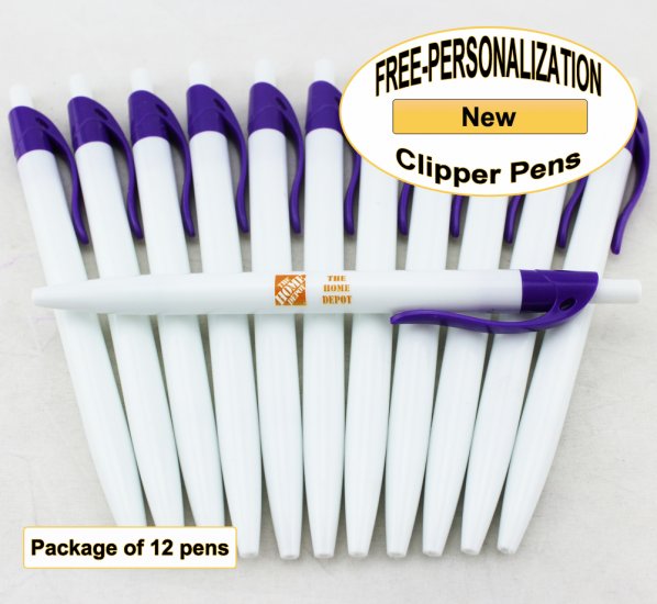 Clipper Pen, White Body, Purple Clip, 12 pkg - Custom Image - Click Image to Close