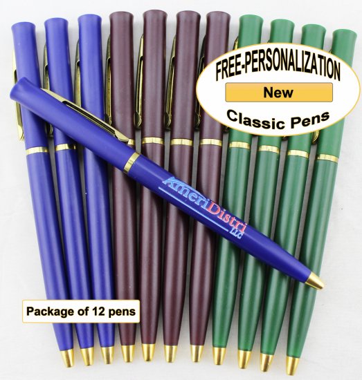 Classic Pen, Assorted Colors, Gold Accents 12 pkg - Custom Image - Click Image to Close