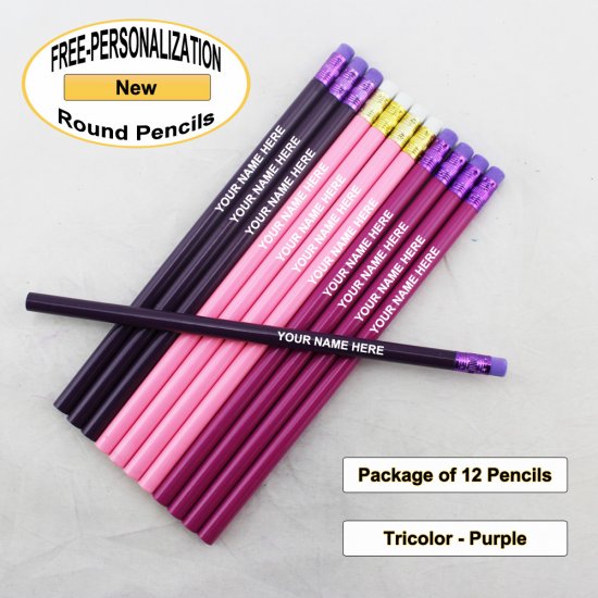 ezpencils - Personalized Tricolor-Purple Round Pencil - 12 pkg - Click Image to Close