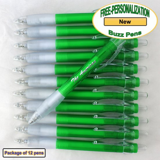 Personalized Buzz Pen, Translucent Green Body Clear Grip 12 pkg. - Click Image to Close