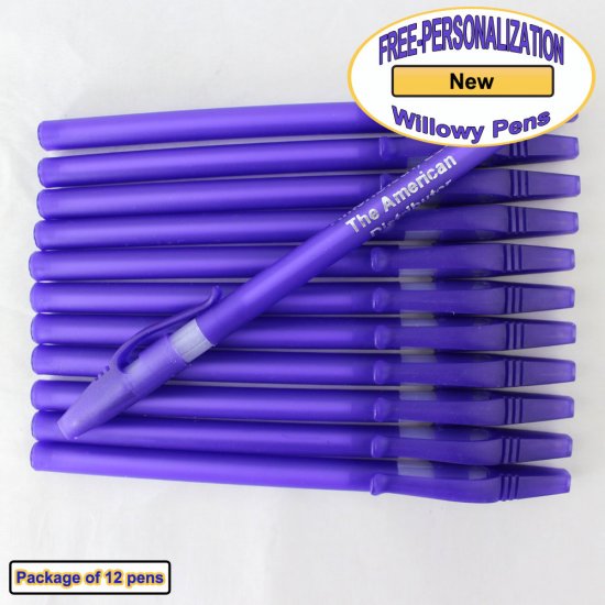 Personalized Willowy Pen, Solid Purple Body Clear Grip 12 pkg - Click Image to Close