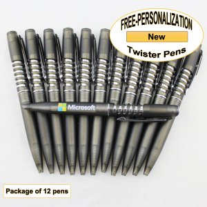 Twister Pen, Silver Accents, Black Body, 12pkg-Custom Image