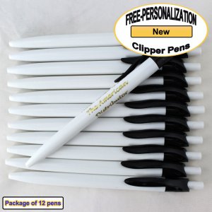Personalized Clipper Pen, Clear Body with a Black Clip 12 pkg