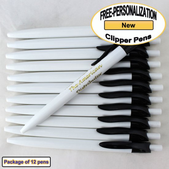 Personalized Clipper Pen, Clear Body with a Black Clip 12 pkg - Click Image to Close