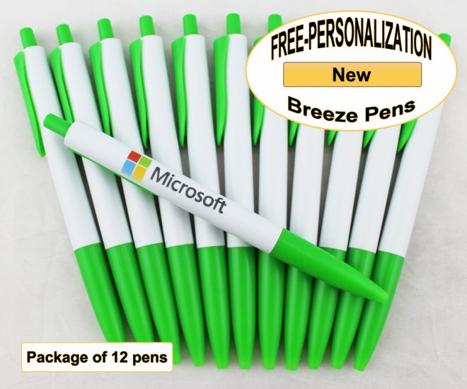 Breeze Pen, White Body with Green Accents 12 pkg - Custom Image - Click Image to Close