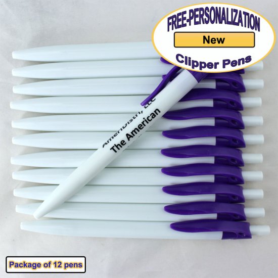 Personalized Clipper Pen, Clear Body with a Purple Clip 12 pkg - Click Image to Close
