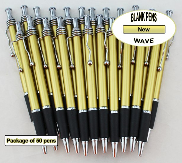 Wave Pens-Gold Body Silver Accents & Black Grip-Blanks-50pkg - Click Image to Close