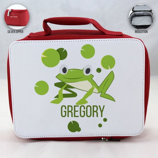 Personalized Frog Theme - Red School Lunch Box for kids - Click Image to Close