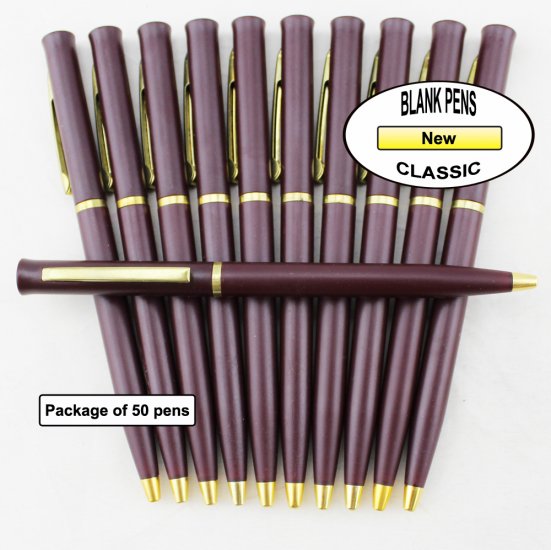 Classic Pens - Burgundy Body with Gold Accents - Blanks - 50pkg - Click Image to Close