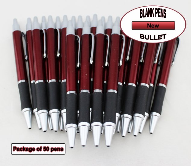 Bullet Pens - Burgundy Body and Silver Accents - Blanks - 50pkg - Click Image to Close