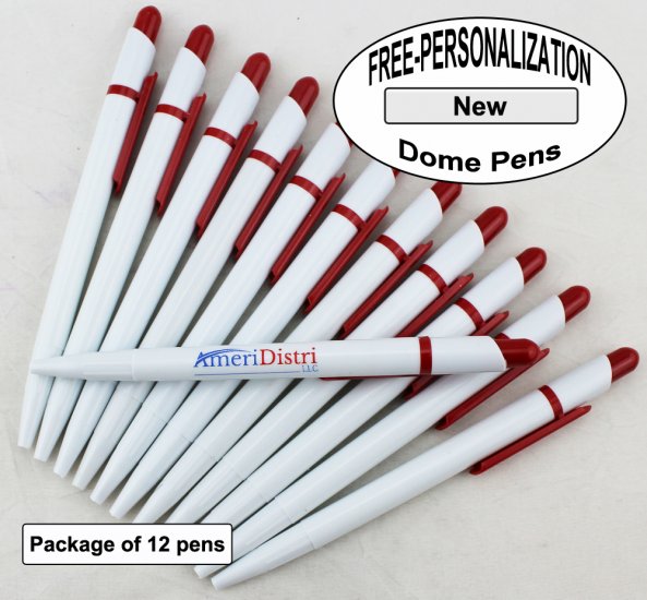 Dome Pen, White Body, Red Clip, 12 pkg - Custom Image - Click Image to Close