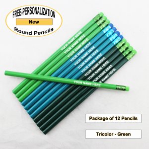 ezpencils - Personalized Tricolor-Green Round Pencil - 12 pkg