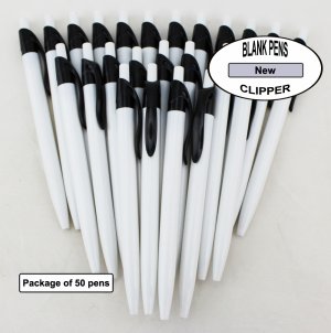 Clipper Pens - White Body with Black Clip - Blanks - 50pkg