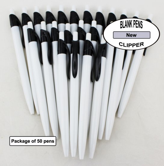 Clipper Pens - White Body with Black Clip - Blanks - 50pkg - Click Image to Close