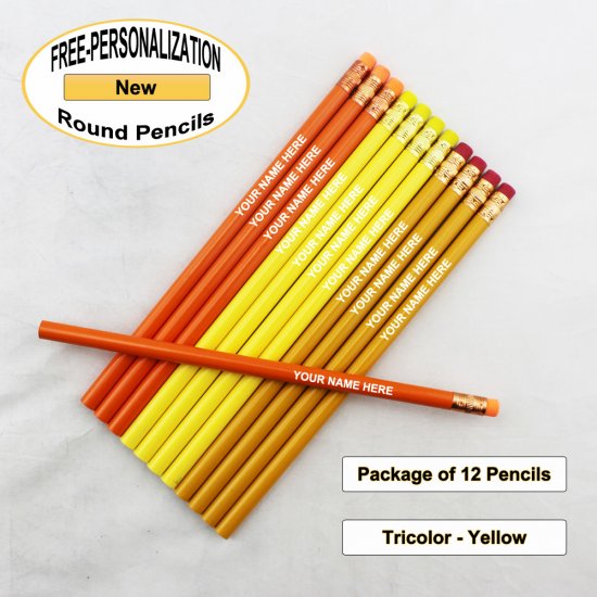 ezpencils - Personalized Tricolor-Yellow Round Pencil - 12 pkg - Click Image to Close