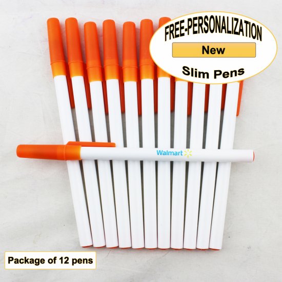 Slim Pen, White Body, Orange Accents, 12 pkg - Custom Image - Click Image to Close