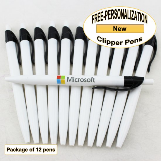 Clipper Pen, White Body, Black Clip, 12 pkg - Custom Image - Click Image to Close