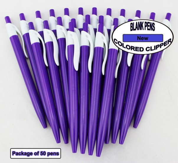 Colored Clipper Pen -Purple Body with White Clip-Blanks- 50pkg - Click Image to Close