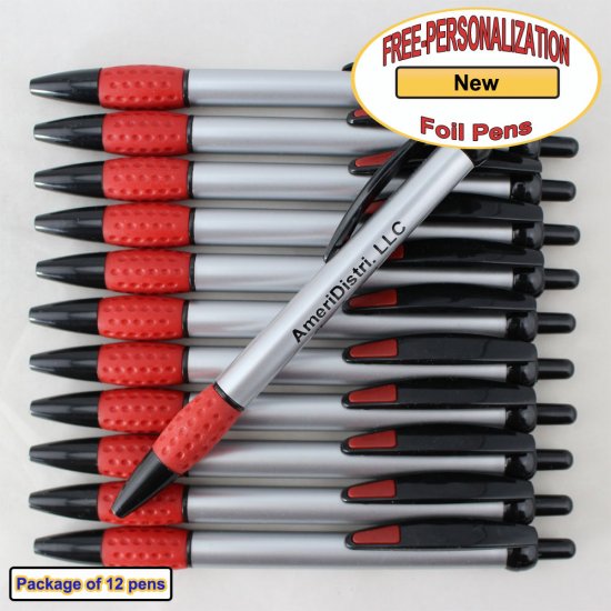 Personalized Foil Pen, Silver Body with a Red Gripper 12 pkg - Click Image to Close