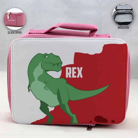 Personalized Dinosaur Theme - Pink School Lunch Box for kids - Click Image to Close