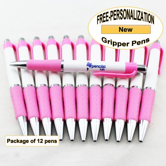 Gripper Pen, White Body, Pink Grip, 12 pkg - Custom Image - Click Image to Close