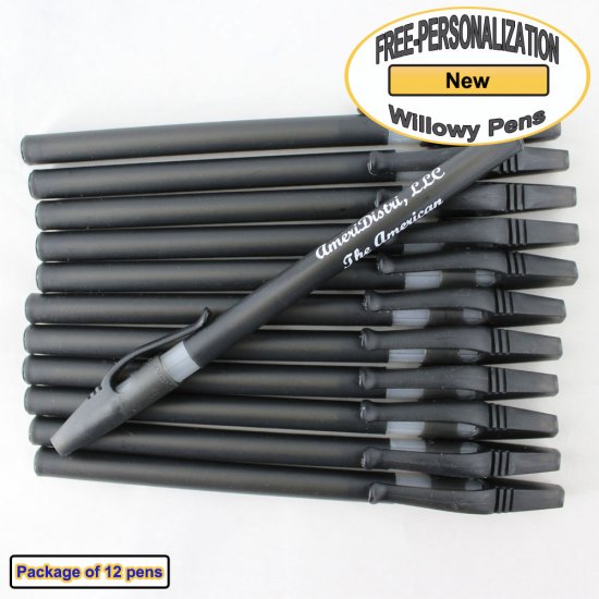 Personalized Willowy Pen, Solid Black Body Clear Grip 12 pkg - Click Image to Close