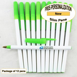 Slim Pen, White Body, Apple Green Accents, 12 pkg - Custom Image