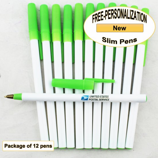 Slim Pen, White Body, Apple Green Accents, 12 pkg - Custom Image - Click Image to Close