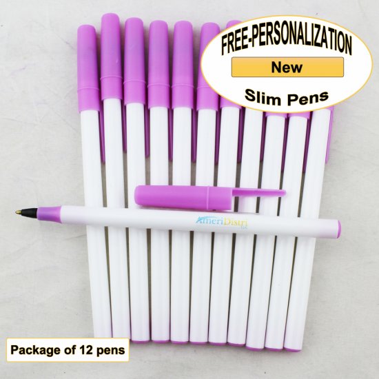 Slim Pen, White Body, Pink Accents, 12 pkg - Custom Image - Click Image to Close