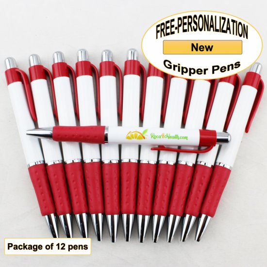 Gripper Pen, White Body, Red Grip, 12 pkg - Custom Image - Click Image to Close