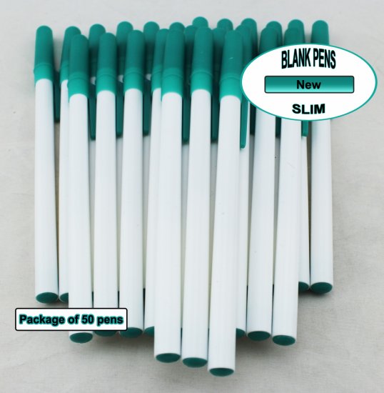 Slim Pen -White Body and Teal Accents- Blanks - 50pkg - Click Image to Close