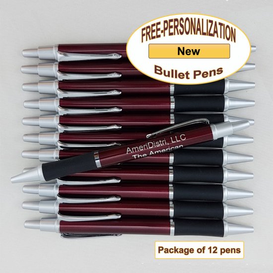 Personalized Bullet Pen, Burgundy Body Silver Accents 12 pkg - Click Image to Close
