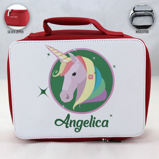 Personalized Unicorn Design - Red School Lunch Box for kids - Click Image to Close