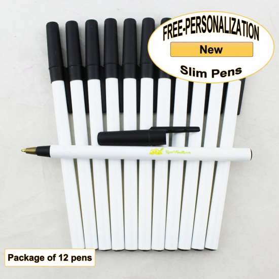 Slim Pen, White Body, Assorted Colors, 12 pkg - Custom Image - Click Image to Close