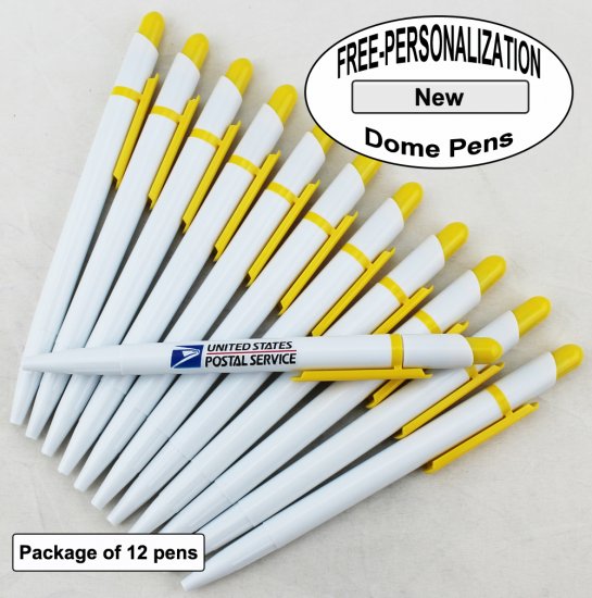 Dome Pen, White Body, Yellow Clip, 12 pkg - Custom Image - Click Image to Close