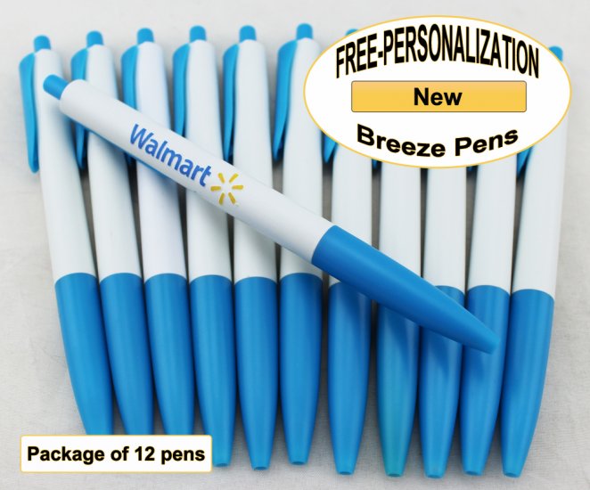 Breeze Pen, White Body with Blue Accents 12 pkg - Custom Image - Click Image to Close