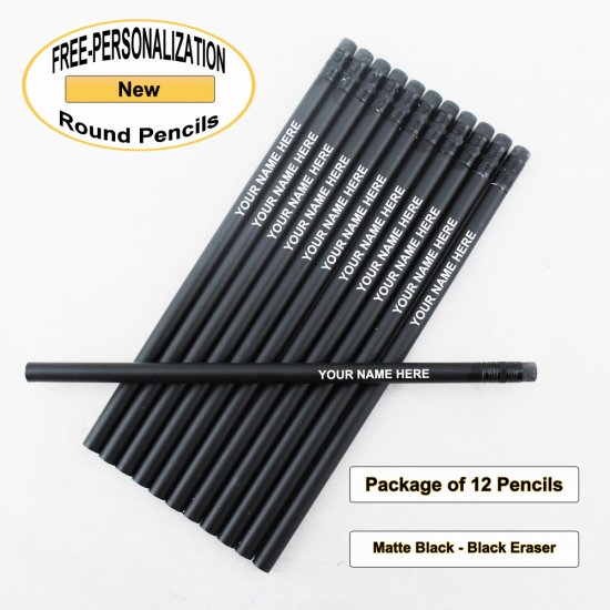 ezpencils -Custom Matte Black Round Pencil Black Eraser- 12 pkg - Click Image to Close
