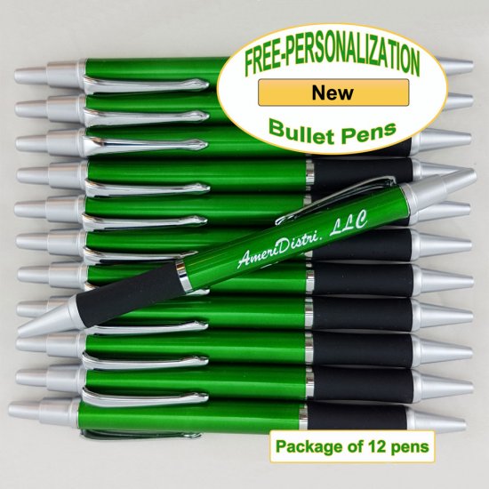 Personalized Bullet Pen, Green Body Silver Accents 12 pkg - Click Image to Close