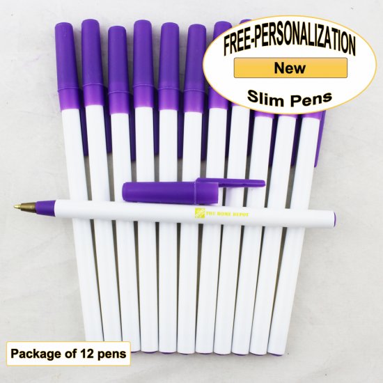 Slim Pen, White Body, Purple Accents, 12 pkg - Custom Image - Click Image to Close