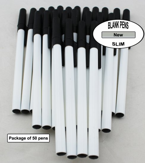 Slim Pen -White Body and Black Accents- Blanks - 50pkg - Click Image to Close