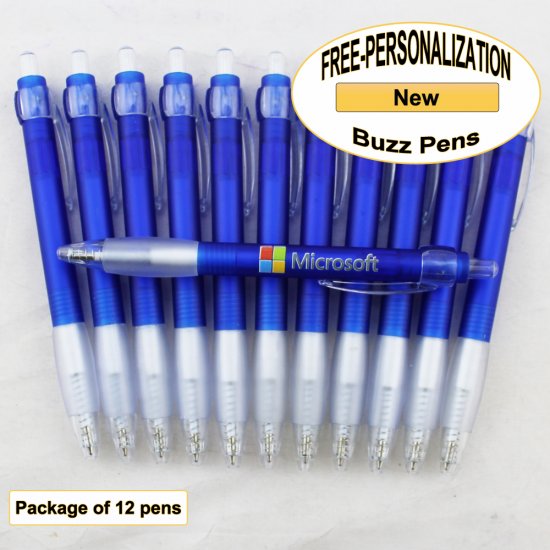 Buzz Pen, Blue Body, White Grip, 12 pkg - Custom Image - Click Image to Close