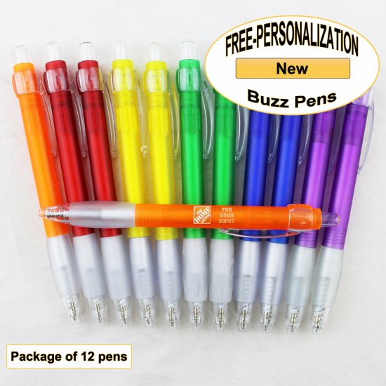 Buzz Pen, Assorted Color Body, White Grip, 12 pkg - Custom Image - Click Image to Close