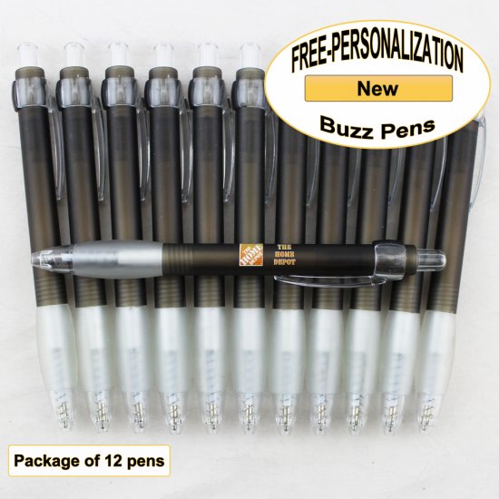 Buzz Pen, Black Body, White Grip, 12 pkg - Custom Image - Click Image to Close