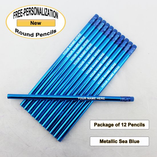 ezpencils - Personalized Metallic Sea Blue Round Pencil - 12 pkg - Click Image to Close