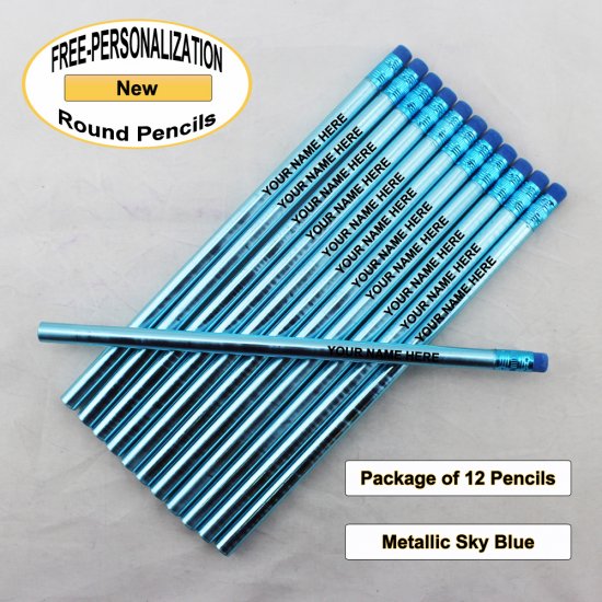 ezpencils - Personalized Metallic Sky Blue Round Pencil - 12 pkg - Click Image to Close