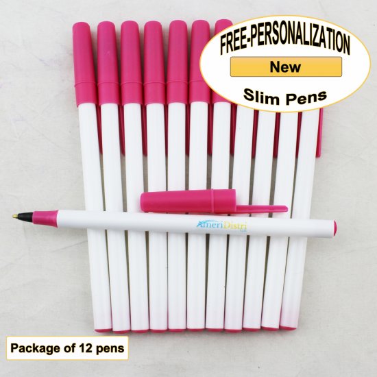 Slim Pen, White Body, Hot Pink Accents, 12 pkg - Custom Image - Click Image to Close