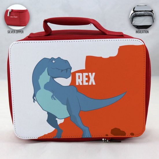 Personalized Dinosaur Theme - Red School Lunch Box for kids - Click Image to Close