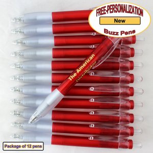 Personalized Buzz Pen, Translucent Red Body Clear Grip 12 pkg