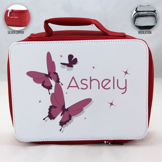 Personalized Butterfly Theme - Red School Lunch Box for kids - Click Image to Close