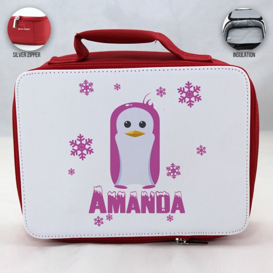 Personalized Penguin Theme - Red School Lunch Box for kids - Click Image to Close